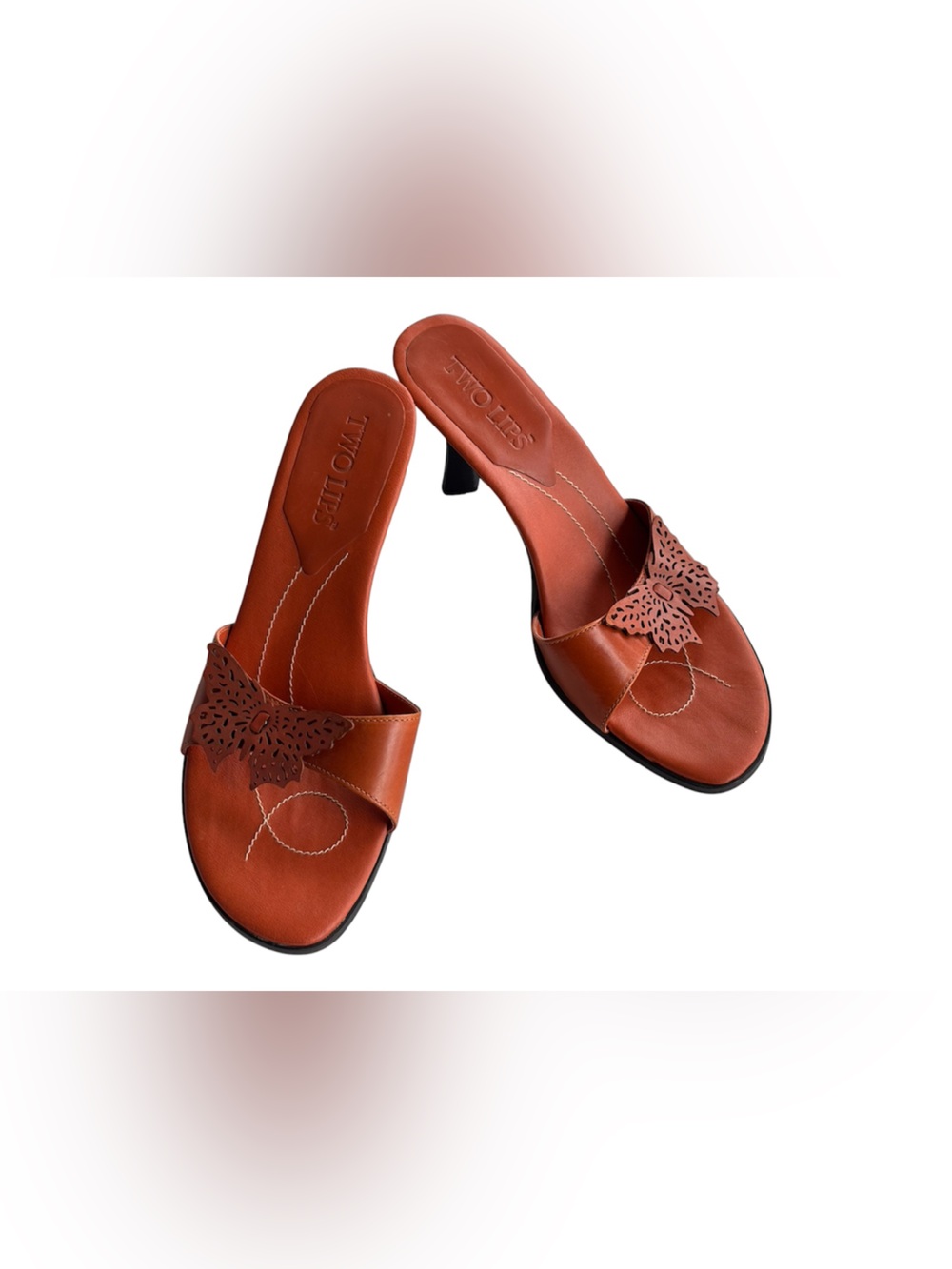 TWO LIPS Cognac Orange Leather Butterfly Slide Sandals Kitten Heel Size 8.5M